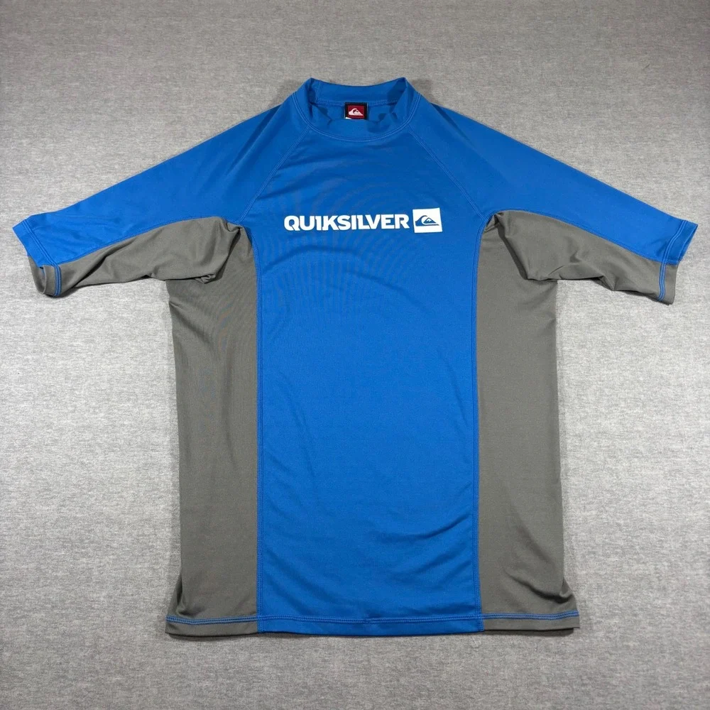 Quiksilver Mens XXL Blue Grey Short Sleeve Rash Guard Swim Shirt AQYWR00036